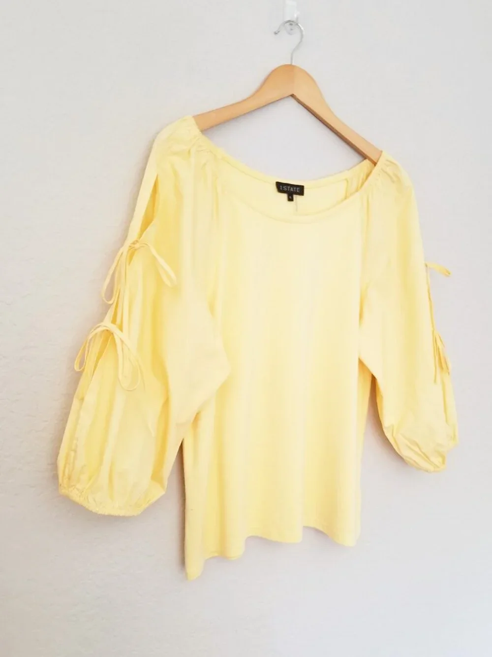 1. State Women' L Butter Yellow 3/4 Balloon Sleeve Tie Bow Blouse Top Coquette - Picture 10 of 14